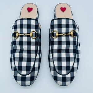 Gucci Shoes Princetown Gold Horsebit Black White Gingham Loafer Mules EU 37